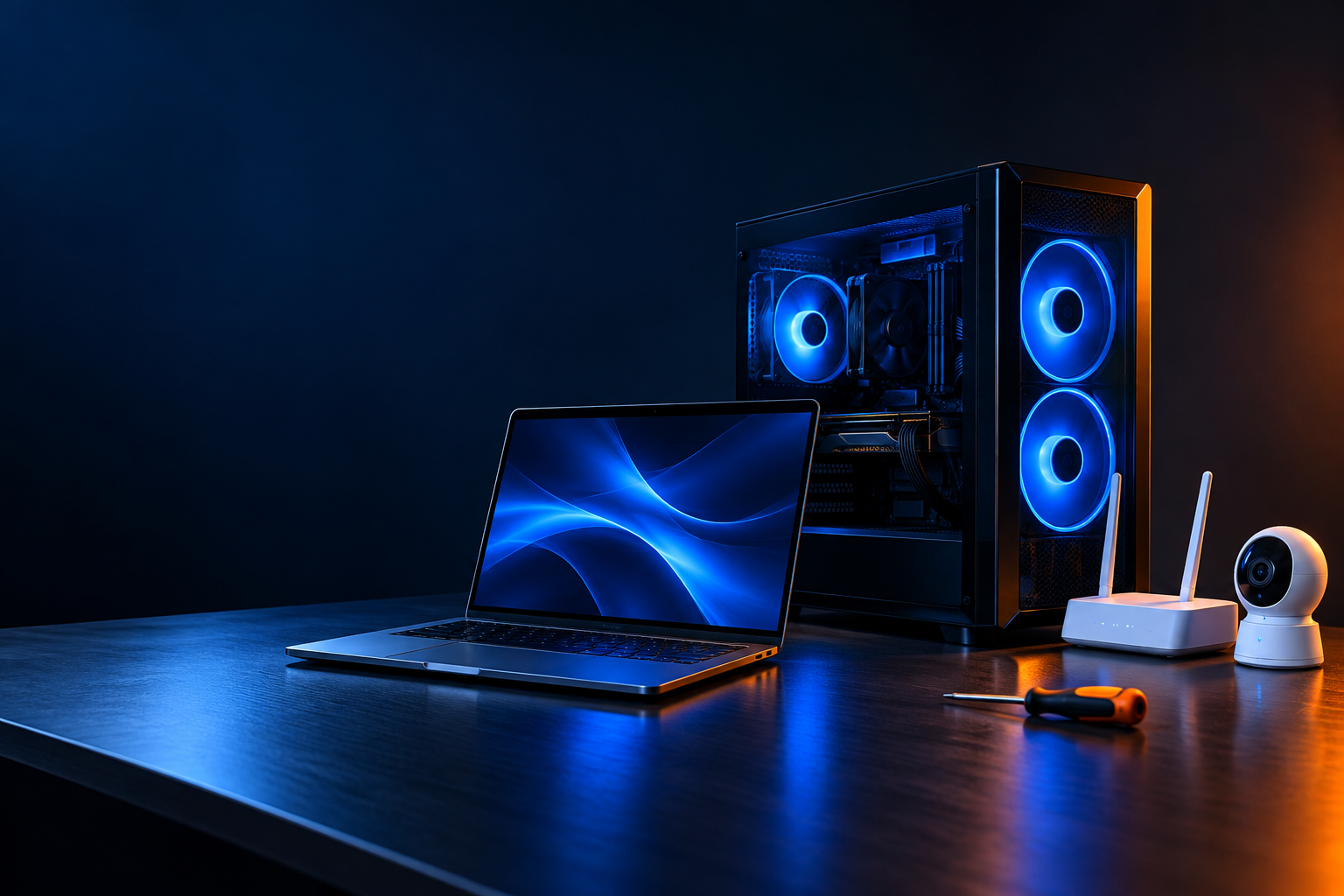 Computadora, notebook y equipos de conectividad en un espacio técnico